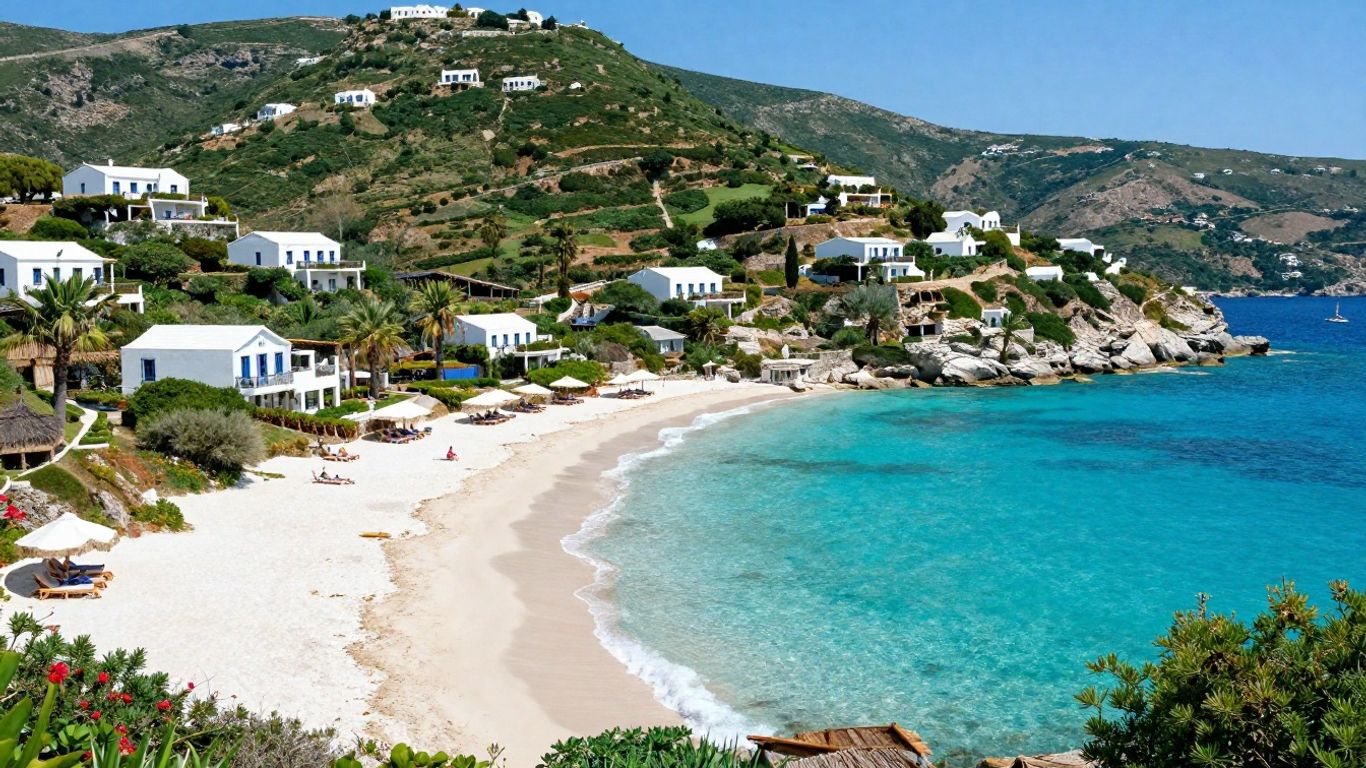 Luxury Greek resort with turquoise water and white sand beach.