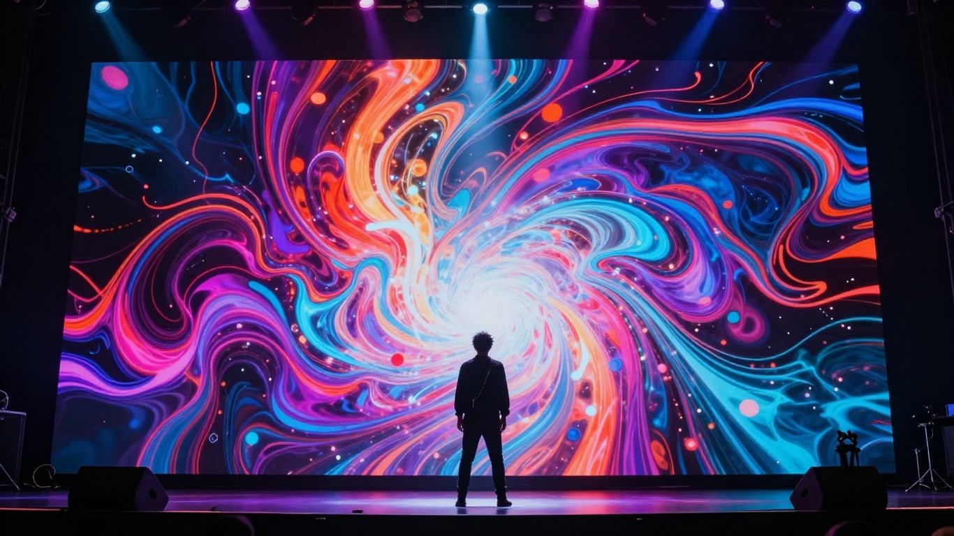 Musician on stage with AI visuals