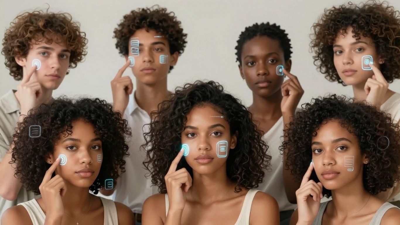 Diverse individuals engaging with futuristic beauty technology.