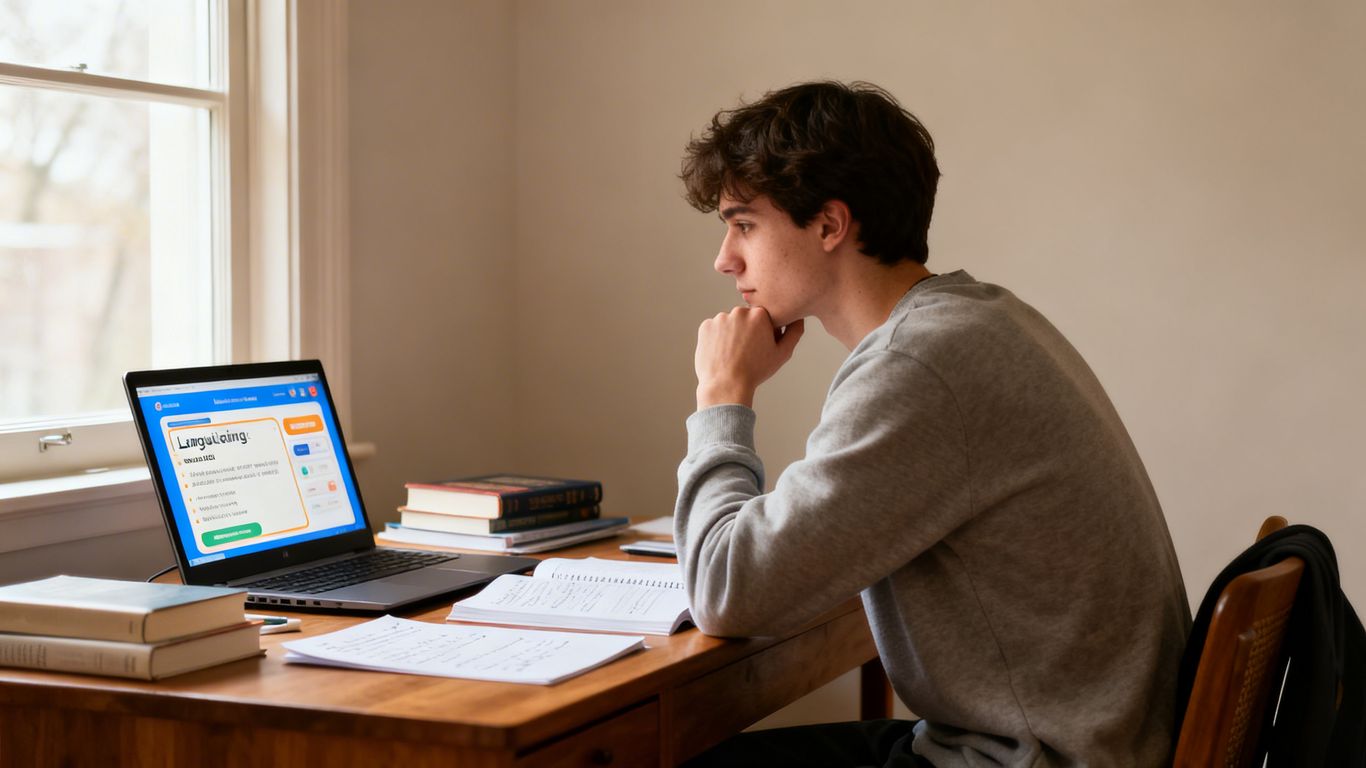 Person practicing language alone with laptop and books.