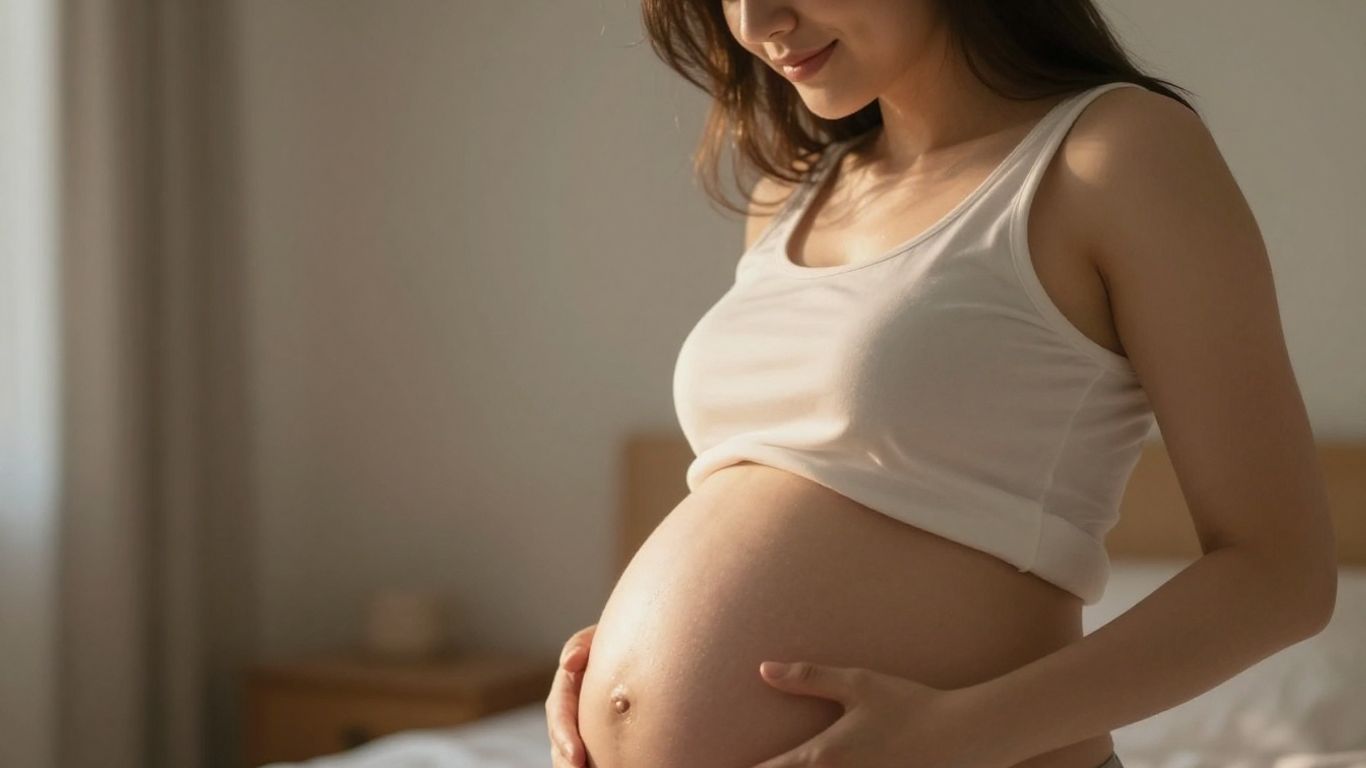 Mujer tocando su vientre, indicando posible embarazo.