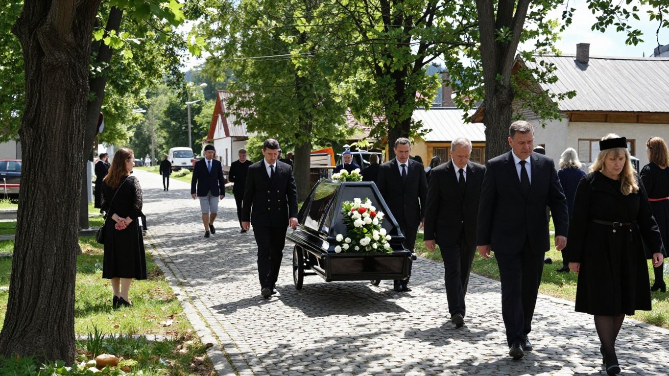 Solemn funeral procession in a village.