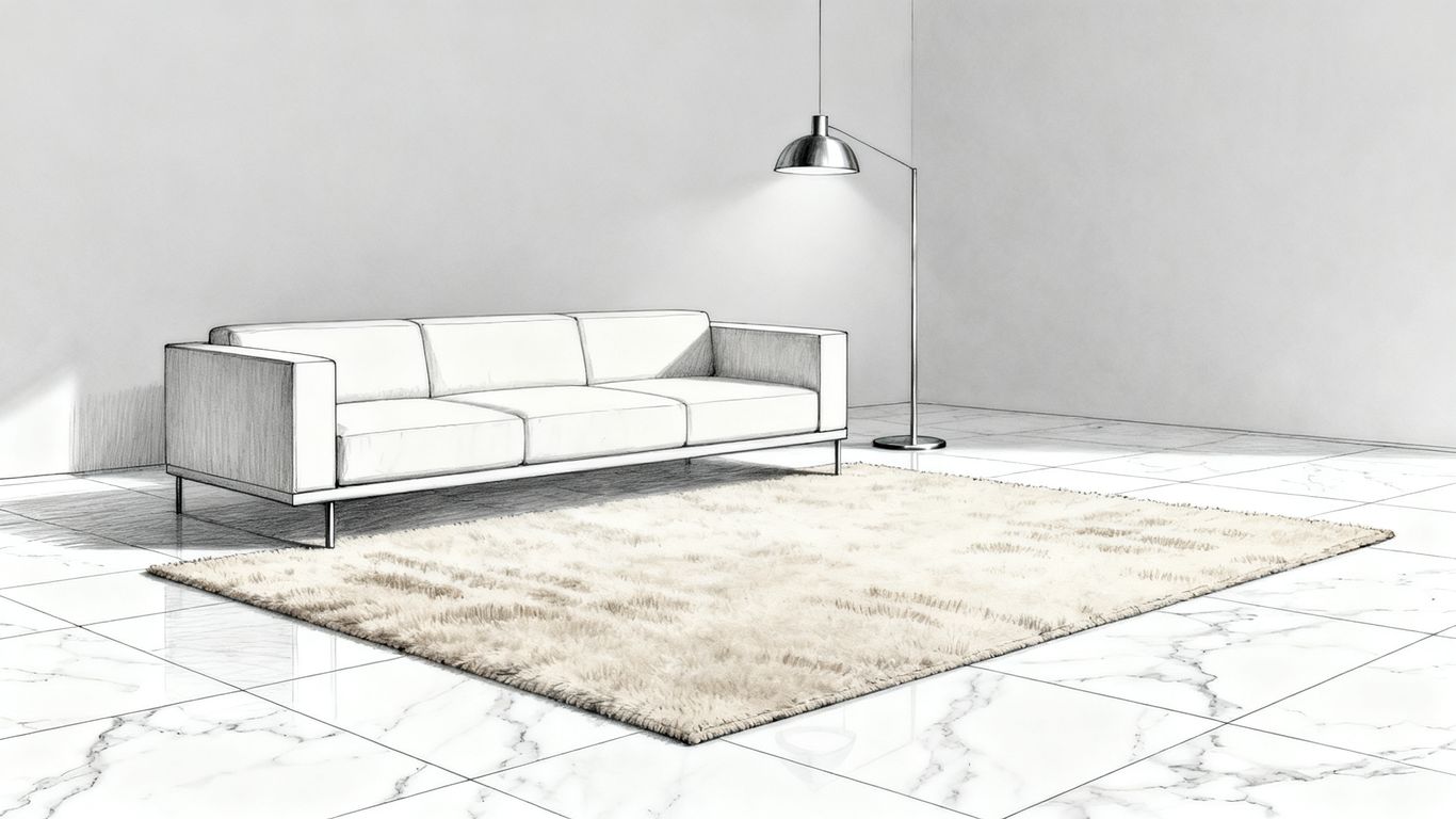 A minimalist interior room with white stone flooring