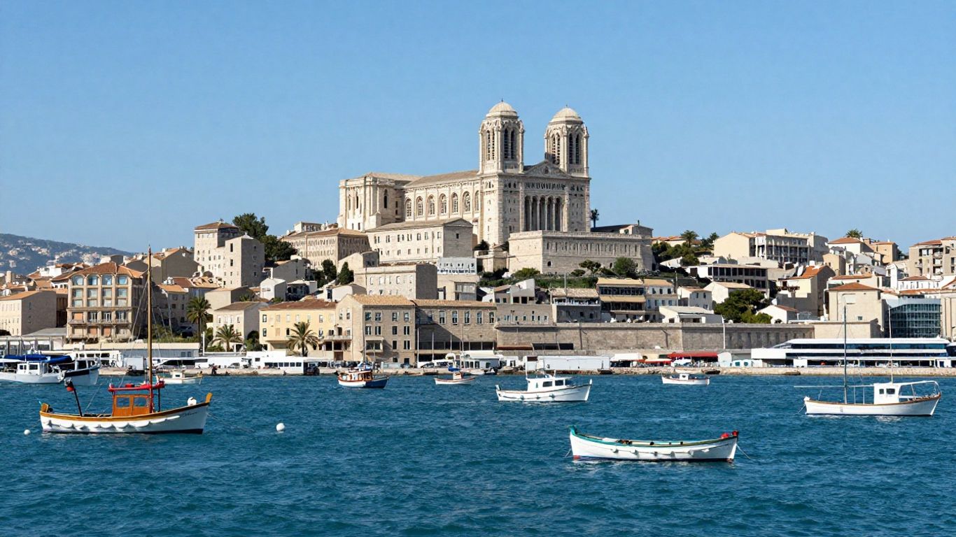Basilique Notre-Dame de la Garde surplombant le port de Marseille.