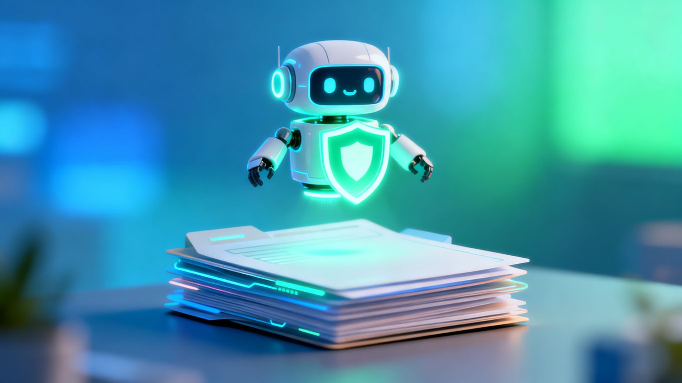 AI agent protecting digital files with a shield.