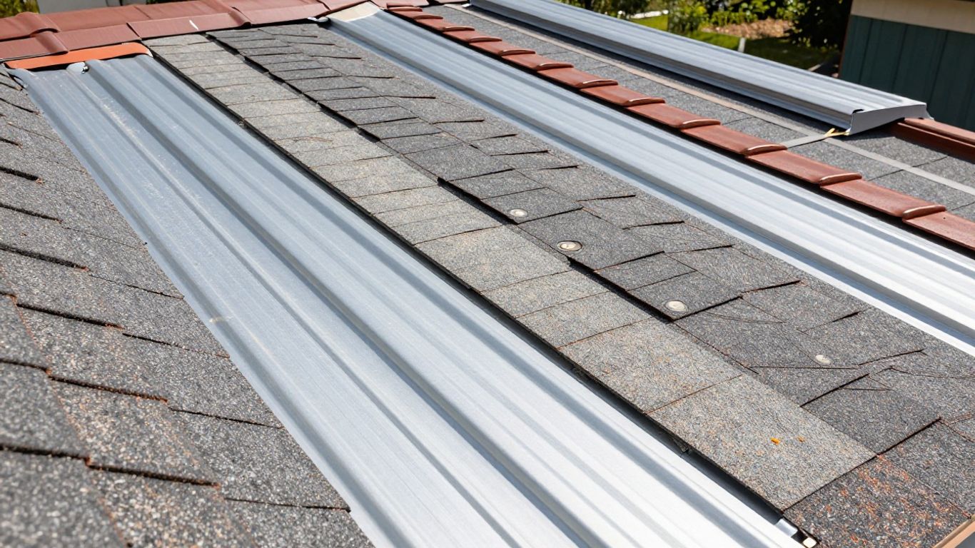 Close-up of roofing materials: shingles, tiles, metal panels.