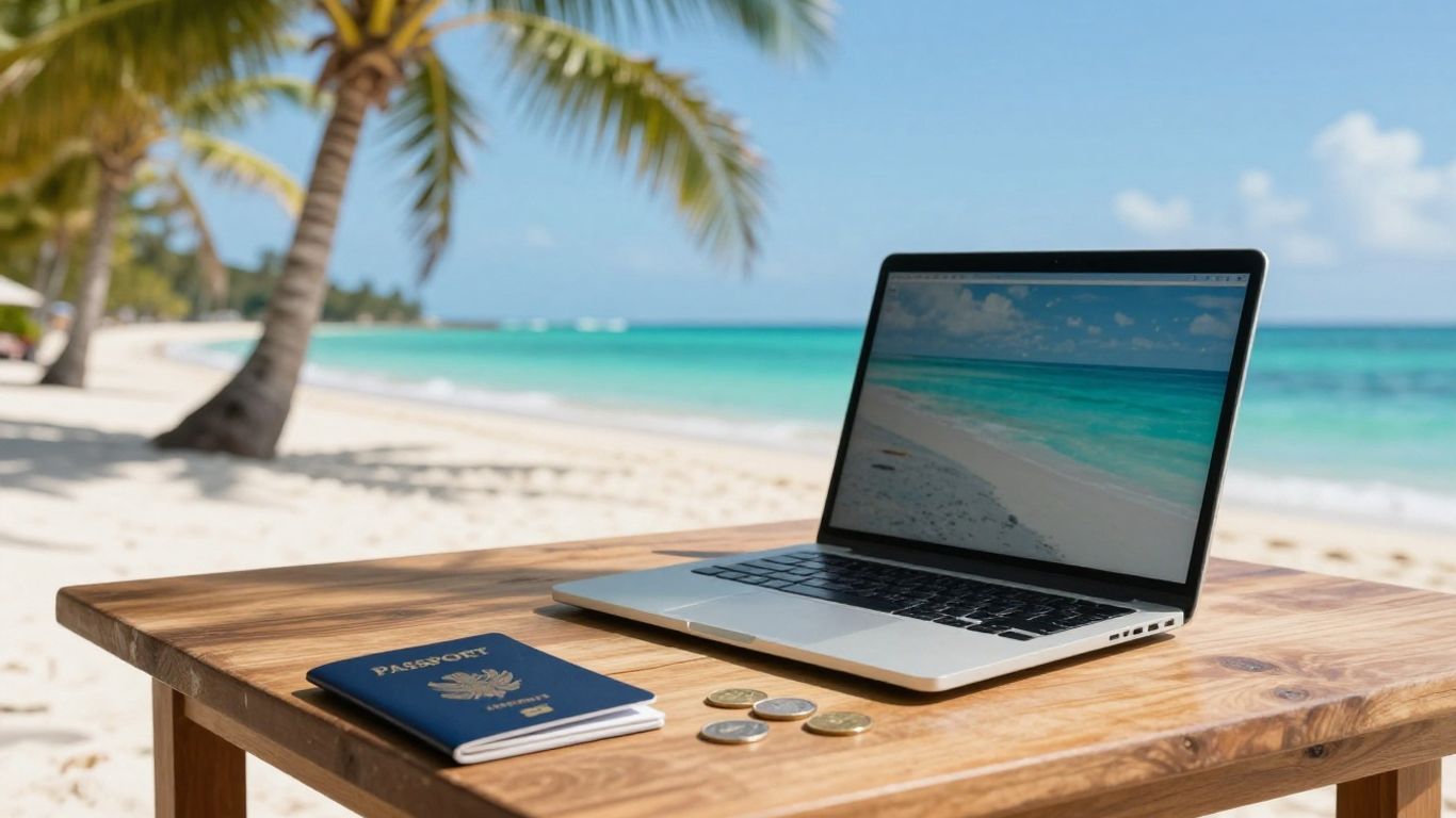 Laptop on a beach with passport and coins.