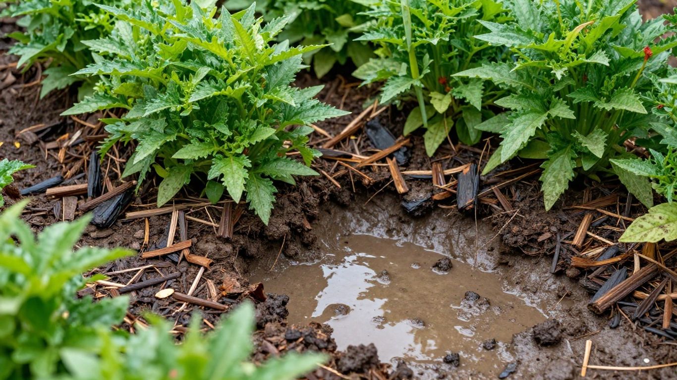Waterlogged mulch bed with eroded soil near plants.