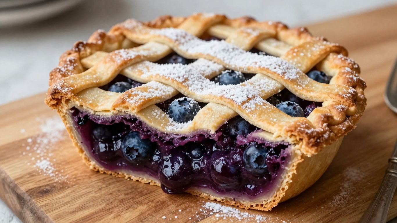 Swedish blueberry pie with lattice crust and powdered sugar.