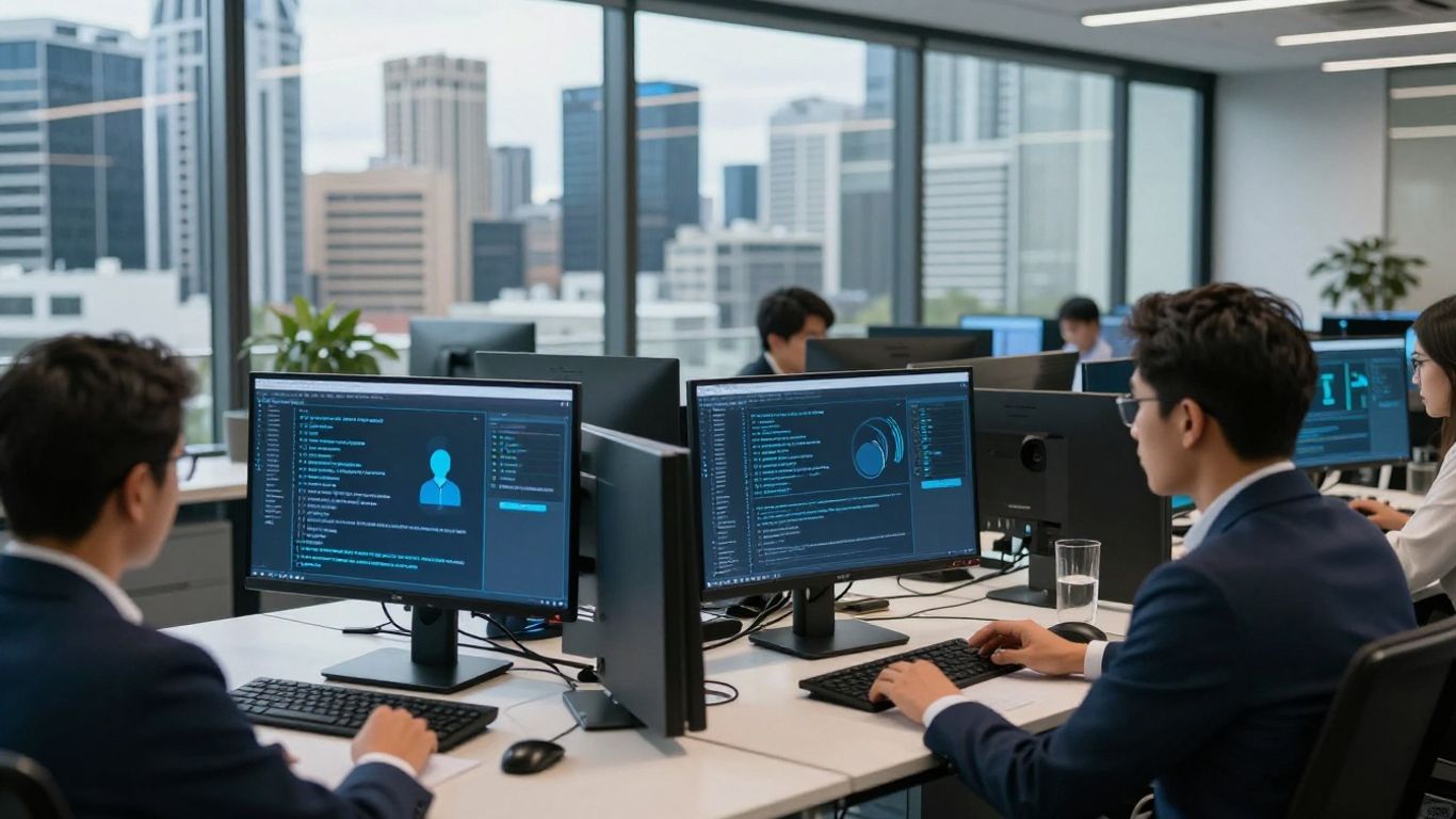 Business team in Brisbane office working on cybersecurity audit.
