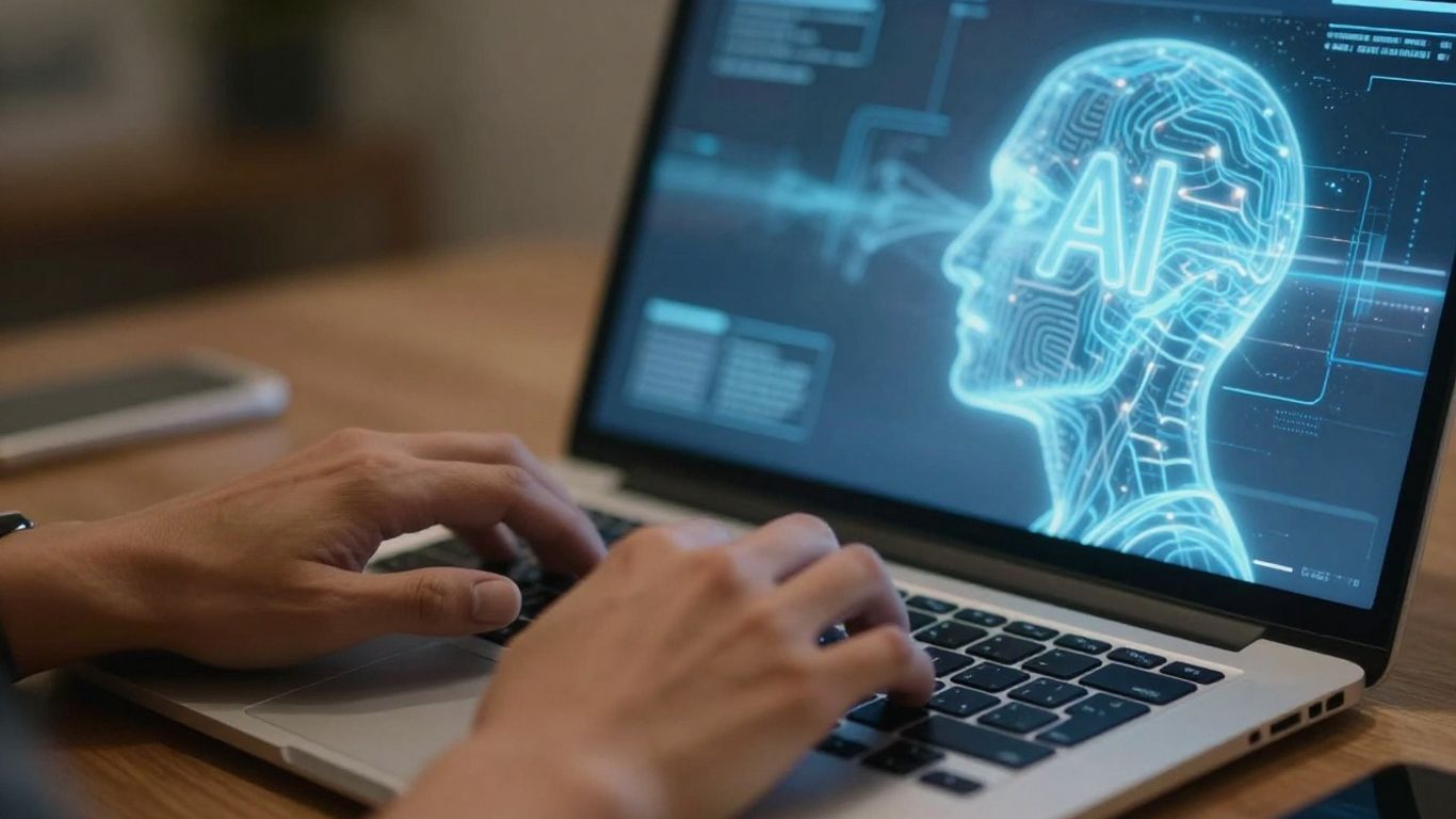 Hands typing on a laptop with AI on screen.