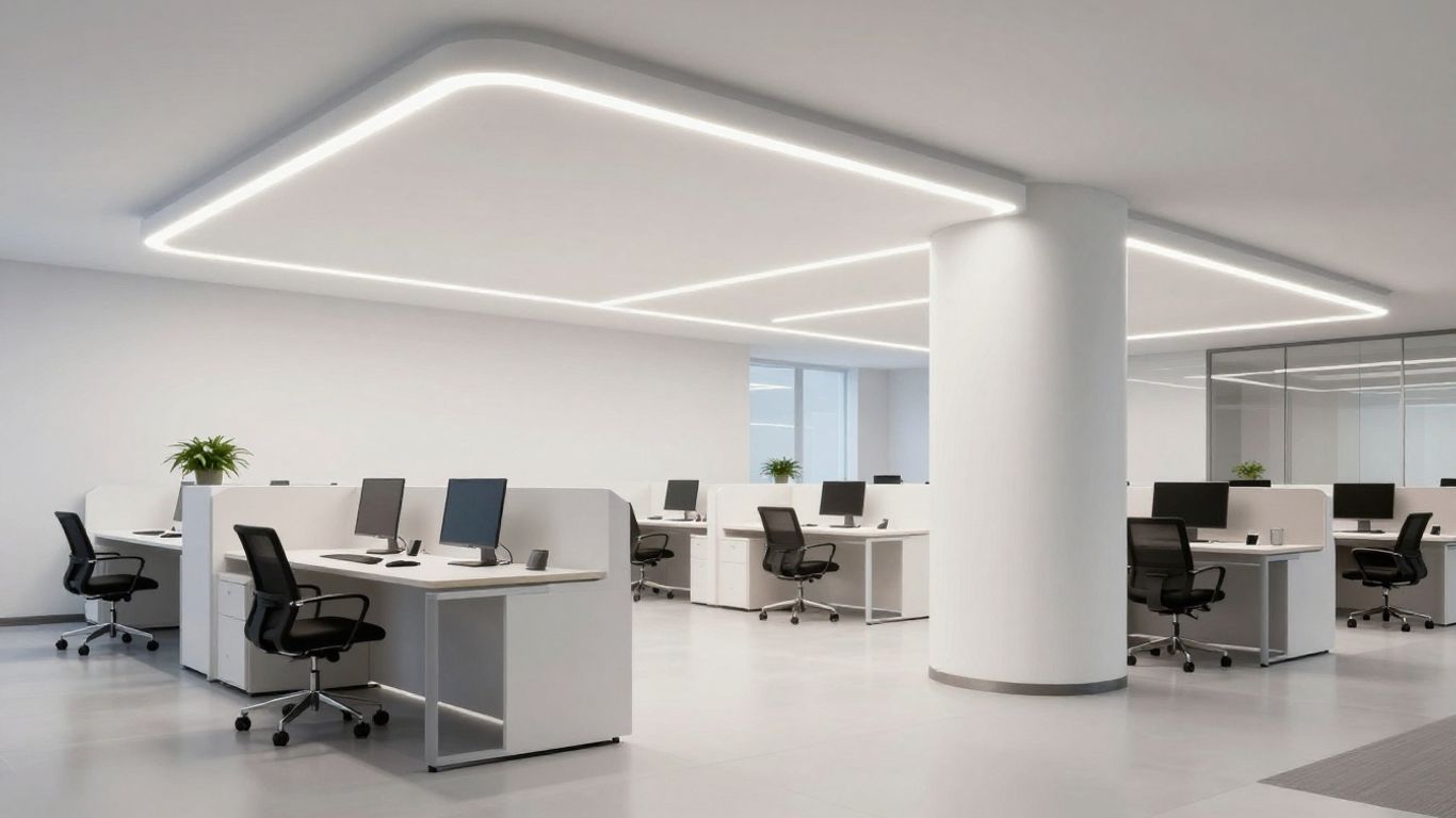 Modern office with bright LED panel lighting.