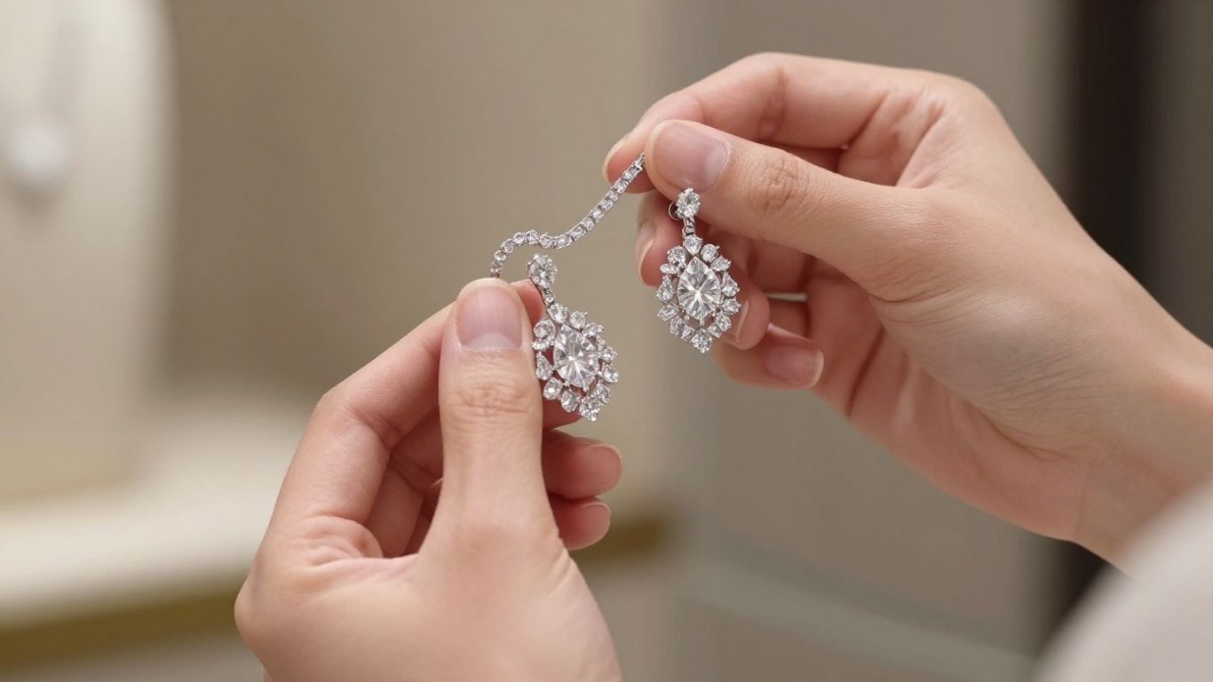 Bride holding sparkling diamond bridal necklace and earrings.