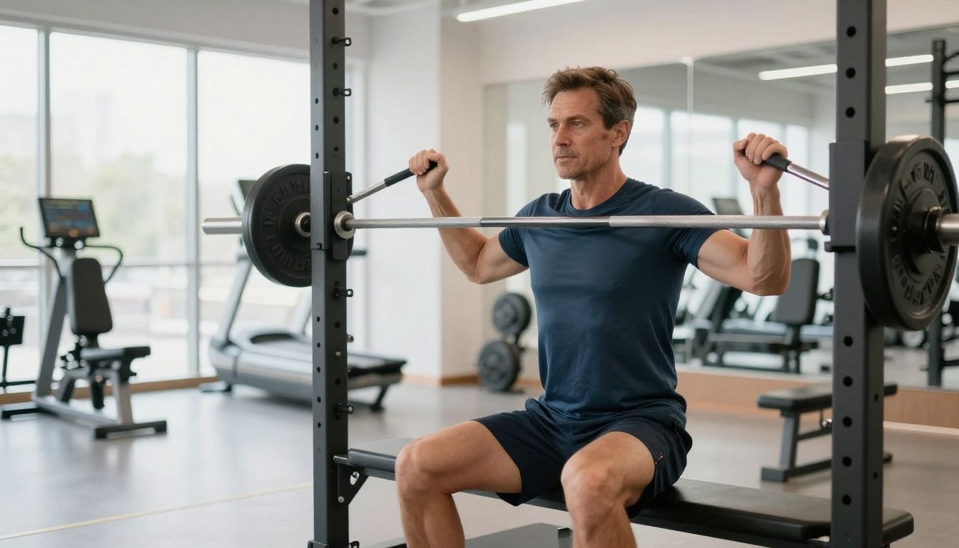 A professional, confident man in his 40s engaged in a heavy resistance training session at a high-end, clean, and well-lit athletic facility.