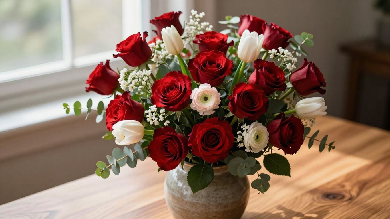 Romantic mixed Valentine flowers in soft light