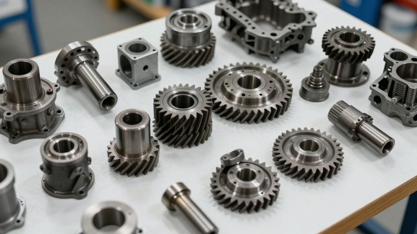 Recycled gearbox parts in a Brisbane workshop.