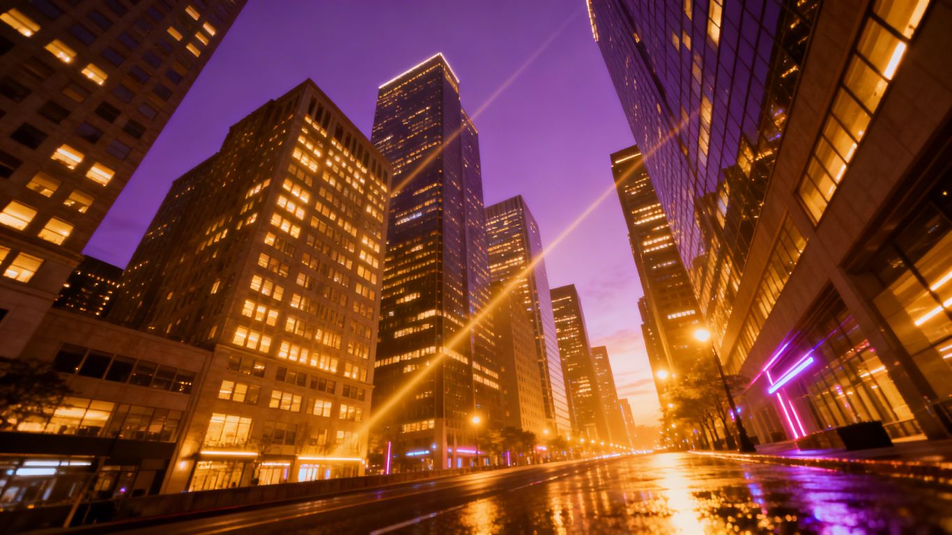 Cityscape with upward trajectory, suggesting growth and success.