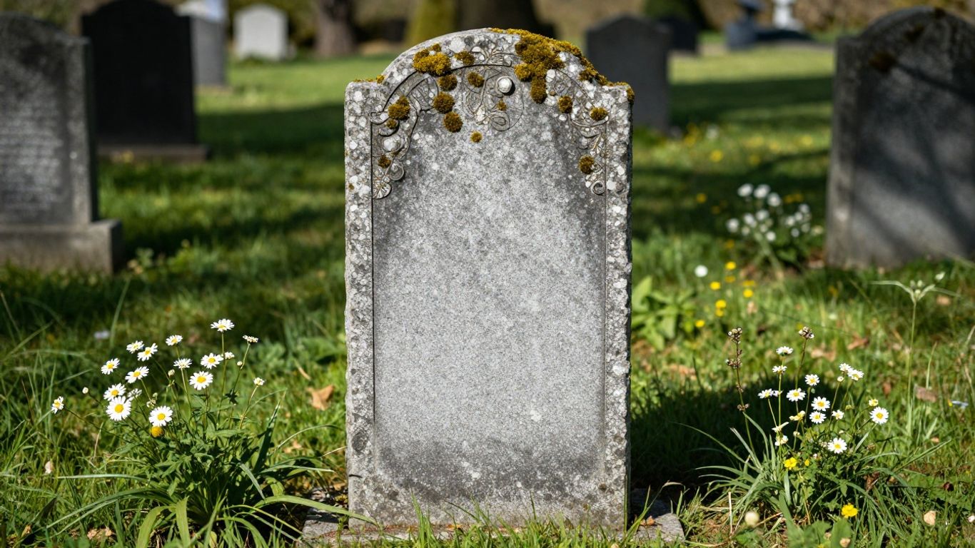 Weathered granite headstone in a sunny cemetery.