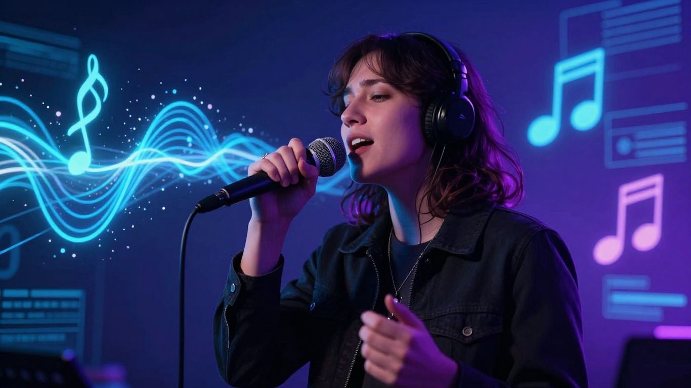 Person singing into microphone with AI soundwaves