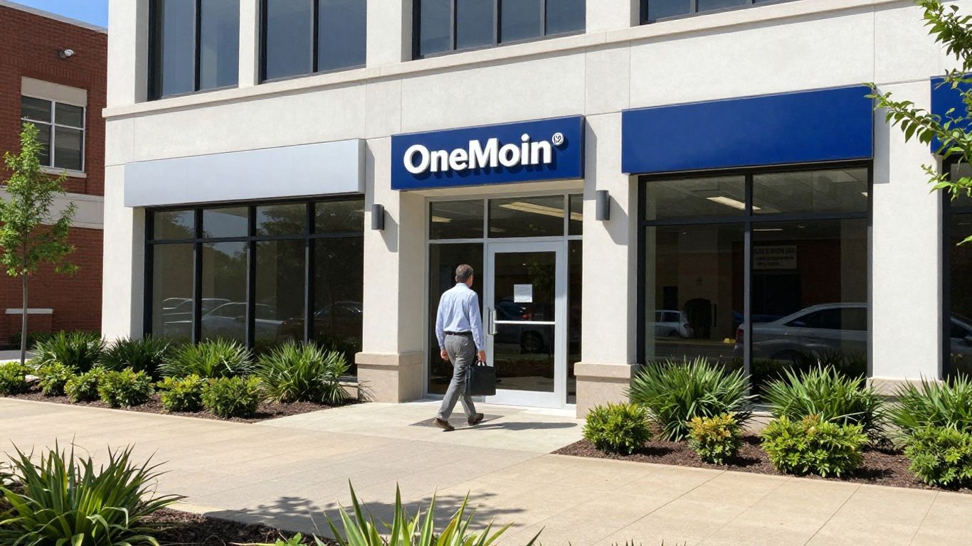 OneMain Financial branch building exterior with a person approaching the entrance.