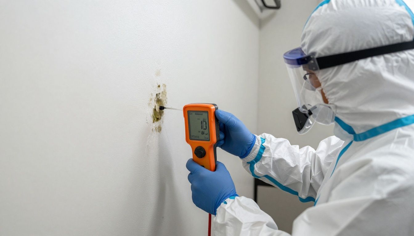 A certified technician in full personal protective equipment (PPE) using a moisture meter on a wall to detect hidden mold growth.
