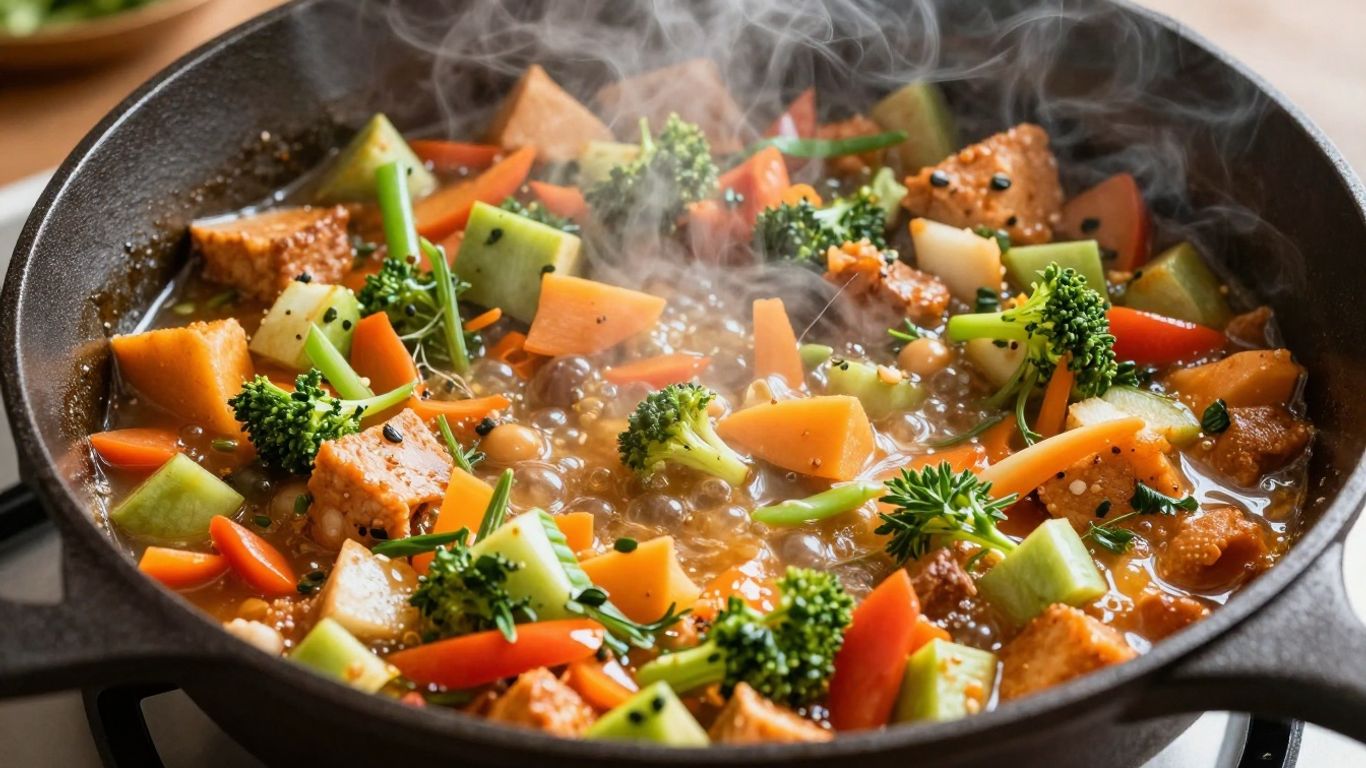 Skillet dinner with colorful ingredients and steam