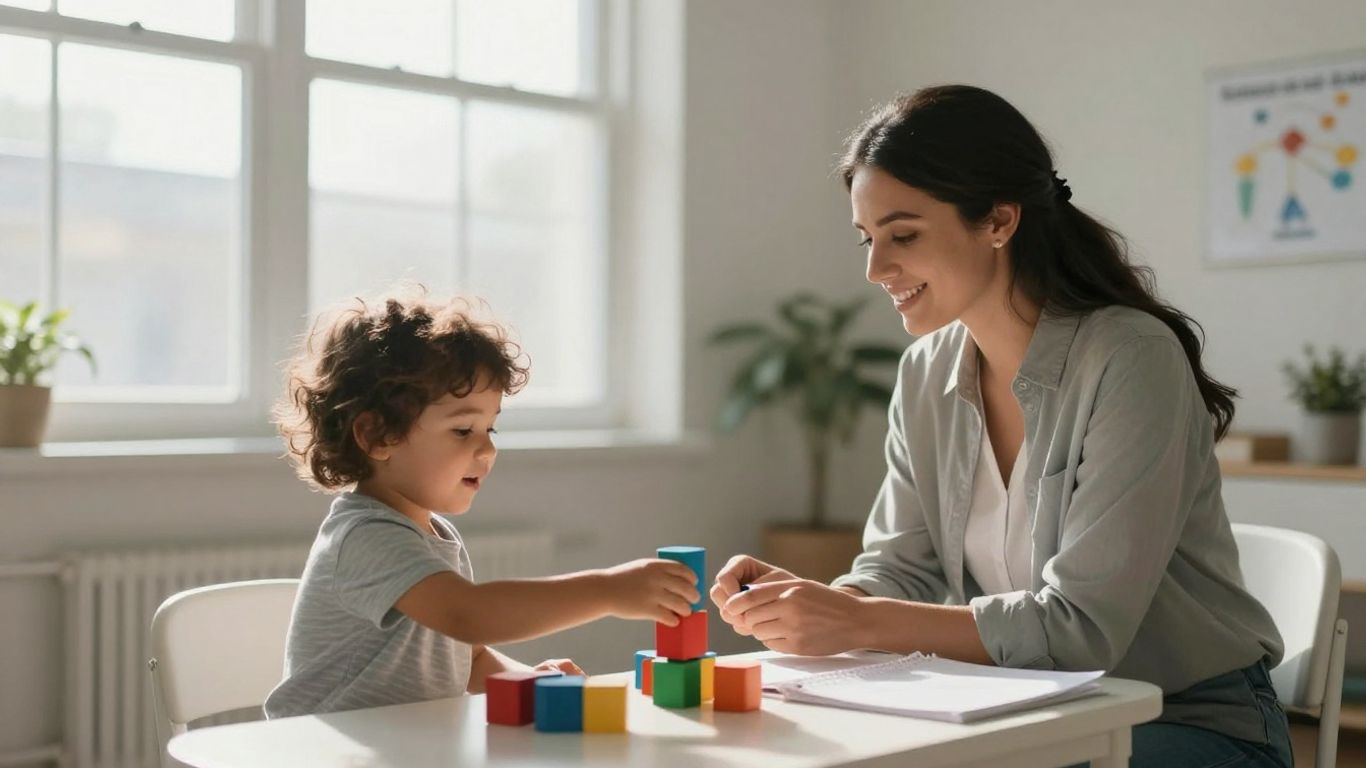 Child and therapist interacting with toys.
