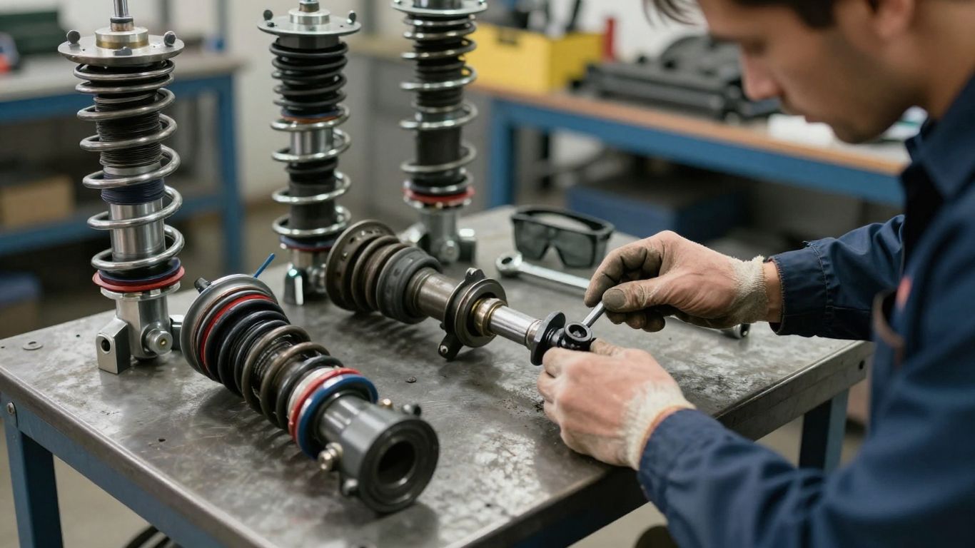 Inspected suspension parts arranged on a workshop bench