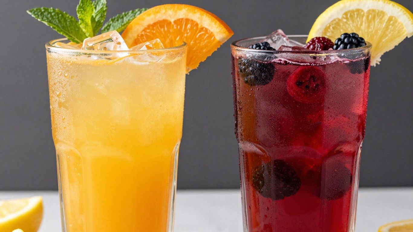 Colorful citrus and berry mocktails with fresh garnishes.