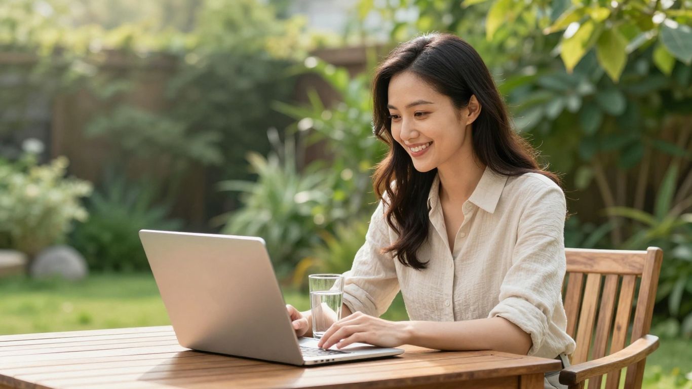 A person working remotely on a laptop outdoors.
