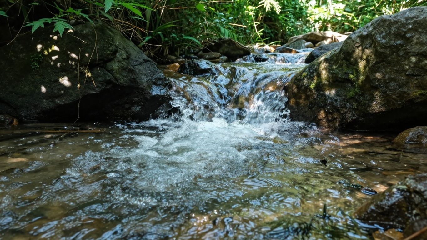 Eau claire dans un ruisseau entouré de verdure.