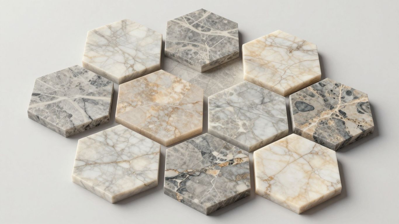 Hexagon marble tiles with natural stone patterns.