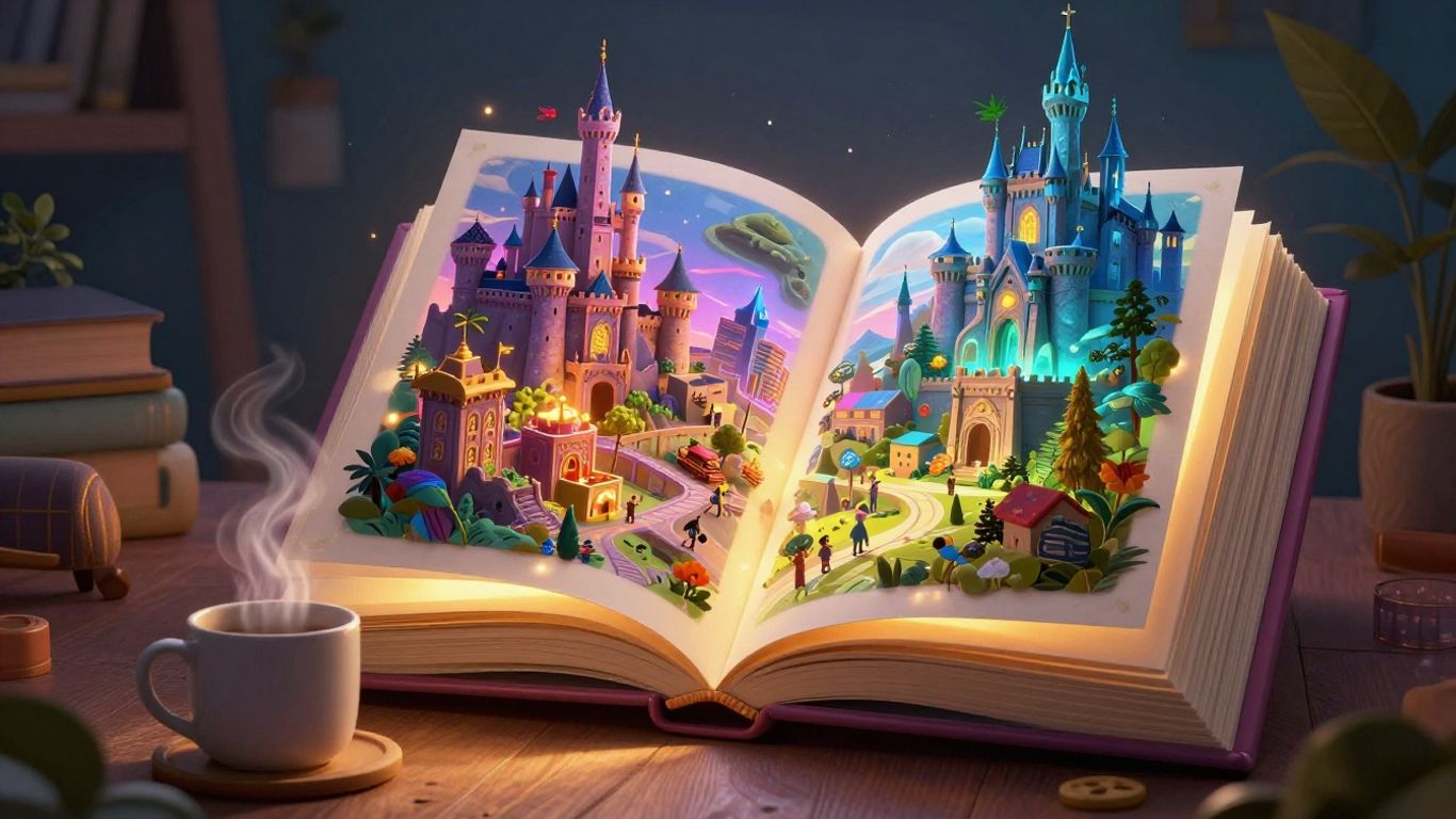 Open book with glowing pages showing different story scenes.