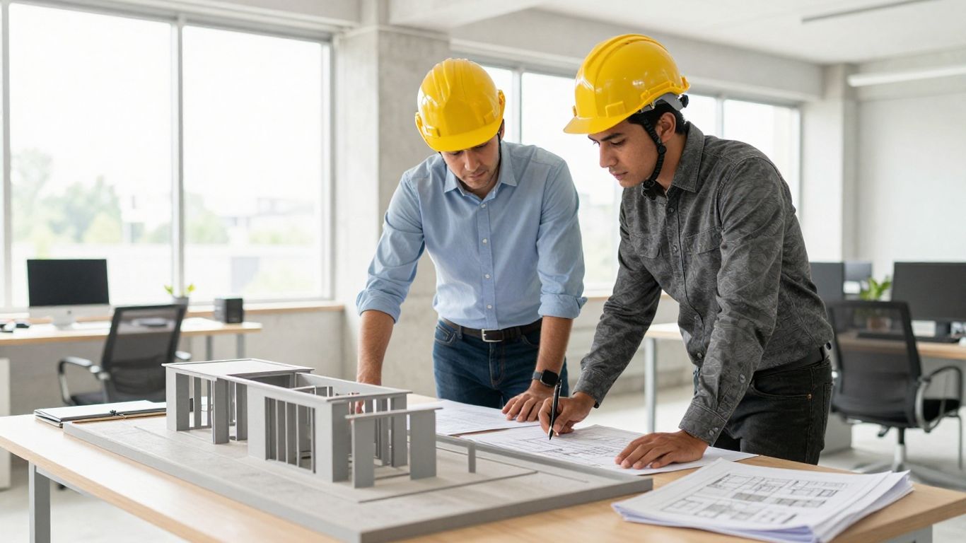 Engineers reviewing structural plans beside a model