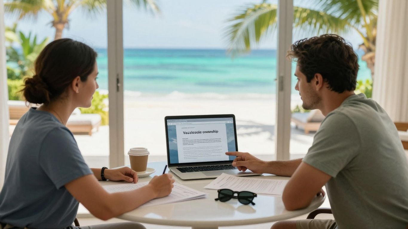 Family reviewing vacation ownership documents at a resort table
