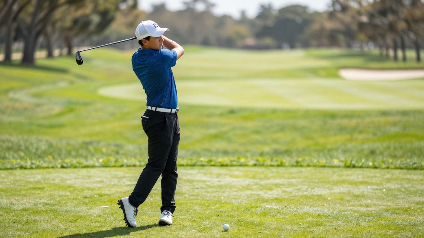 Young golfer putting on a sunny golf course green.
