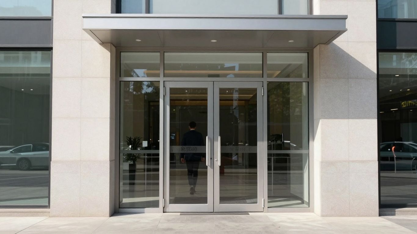 Automatic sliding door at a modern UK commercial building entrance.