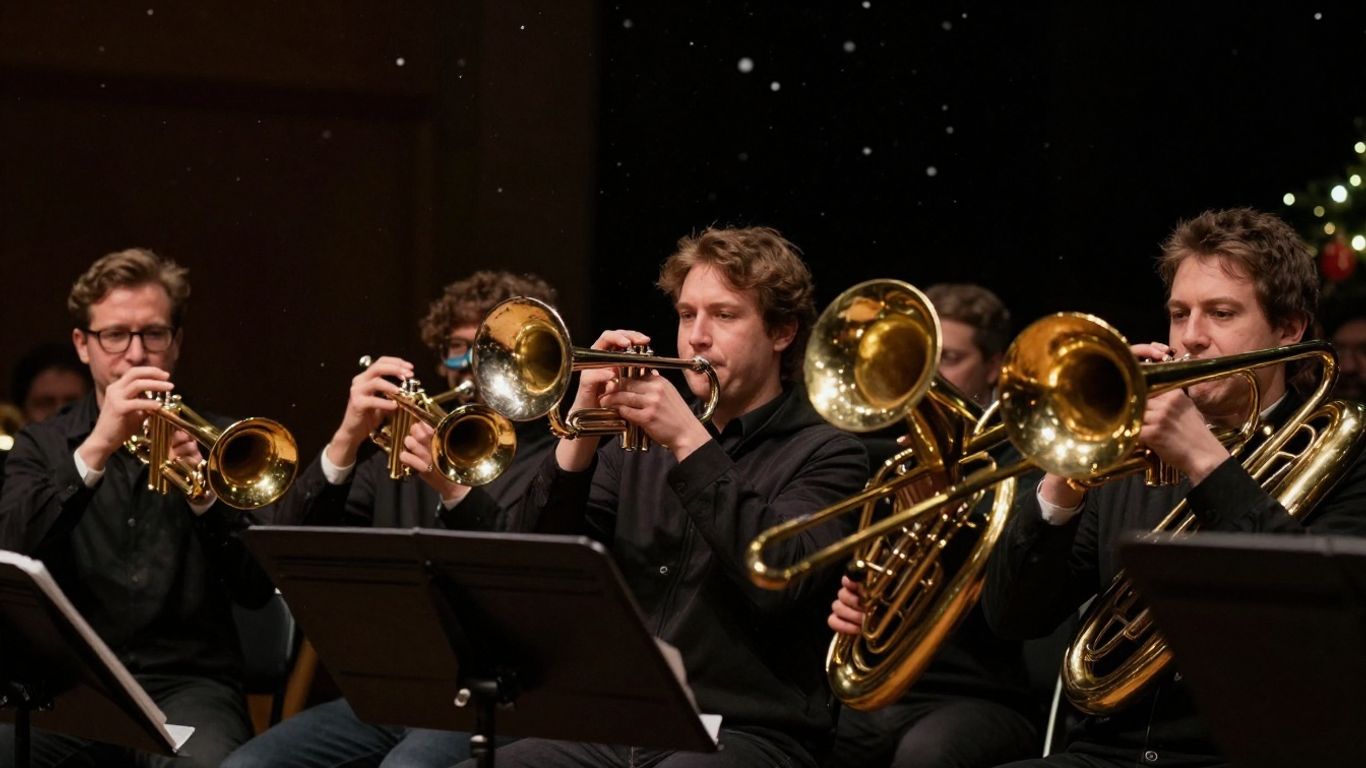 Blechbläser spielen Weihnachtslieder im Kerzenlicht