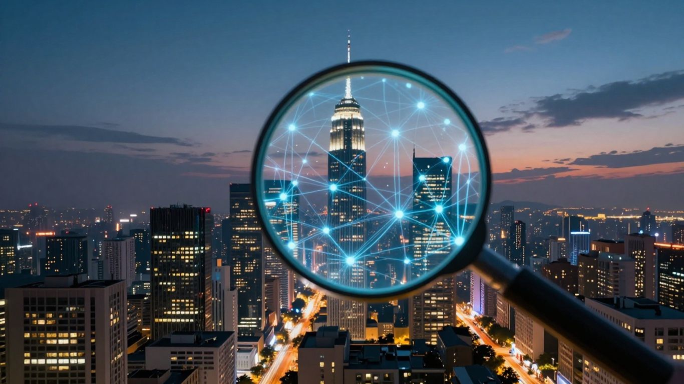 Digital cityscape with data streams and magnifying glass.