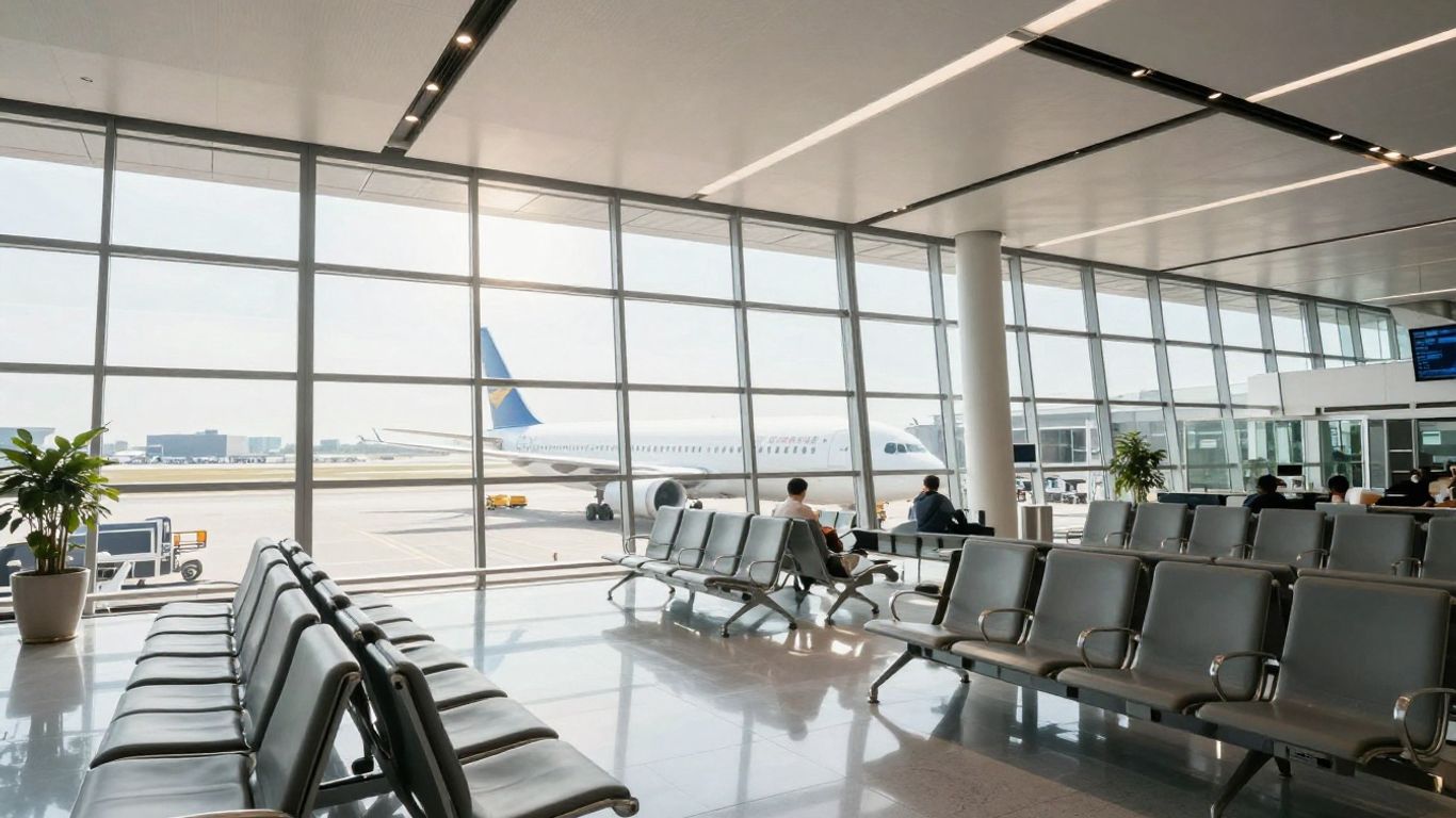 Modern airport terminal with sunlight and distant airplane.