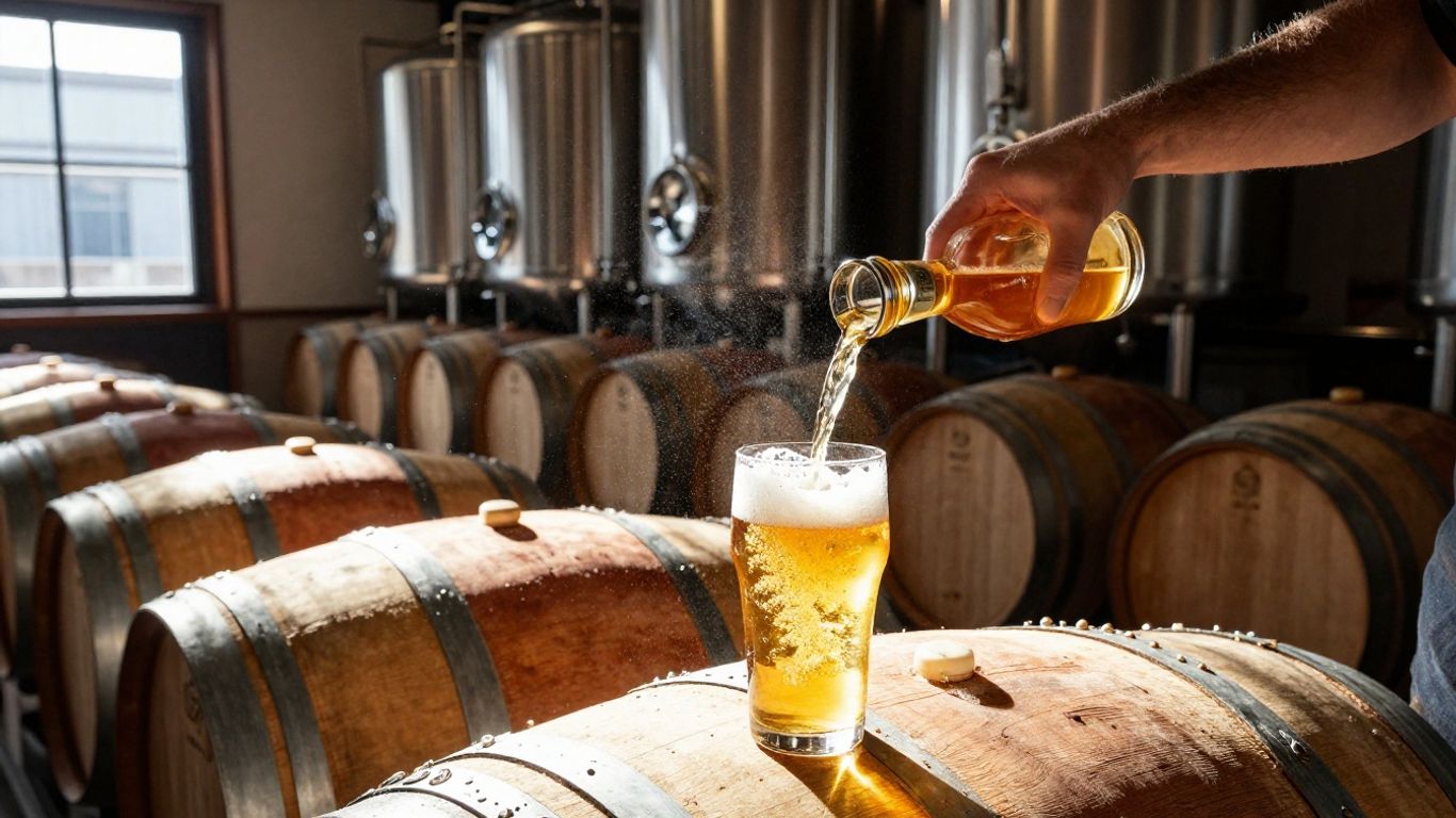 French craft brewery interior with barrels and tanks.