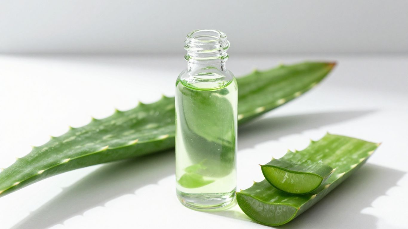 Aloe vera concentrate bottle with fresh leaves.