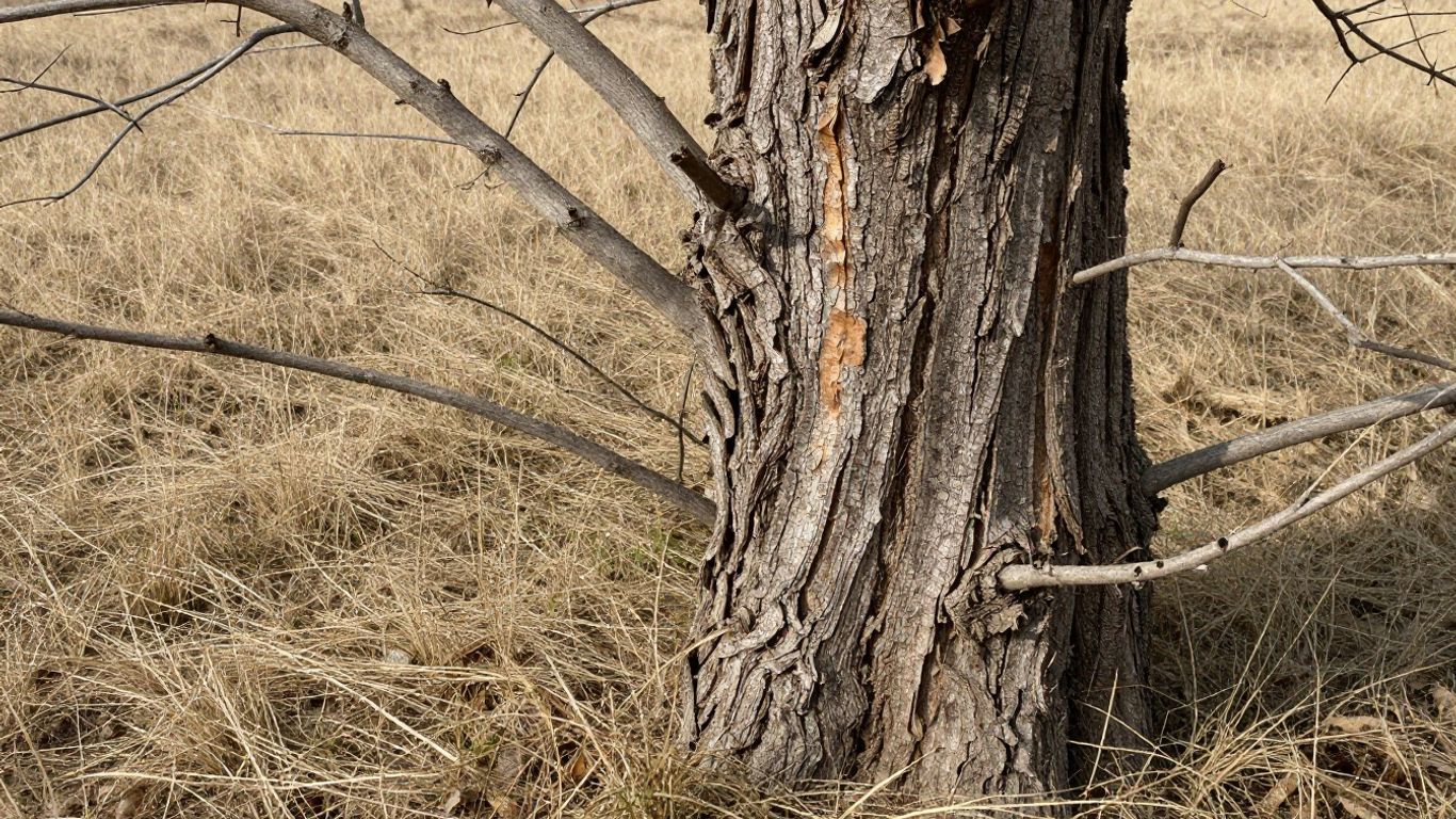 Tree with cracked bark and dead branches