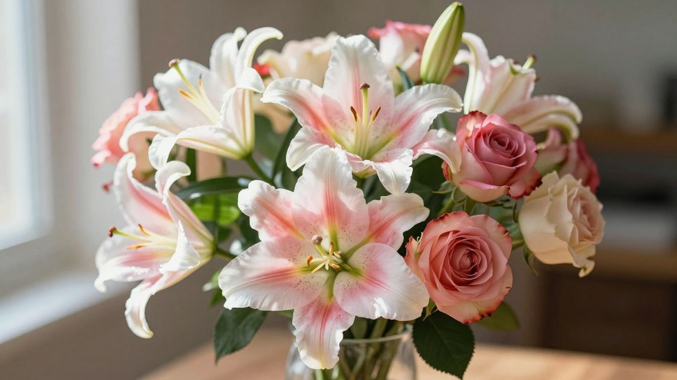 Beautiful birthday flower bouquet with roses and lilies.
