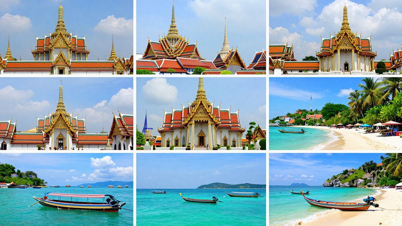 Thailand travel collage: Bangkok landmarks and Phuket beaches.