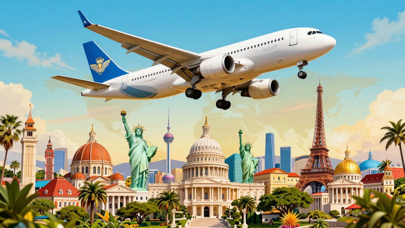 Skyscanner flights guide with world landmarks and airplane.