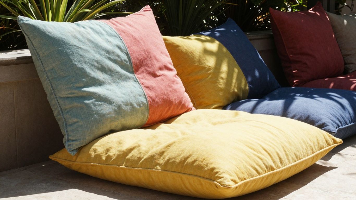 Outdoor cushions on a sunny patio, one faded, one new.