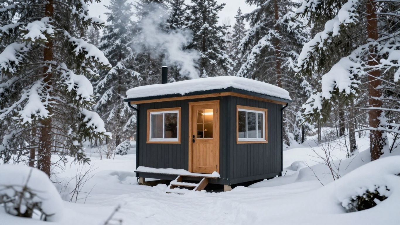 Tiny home in snowy Alaska with pine trees.