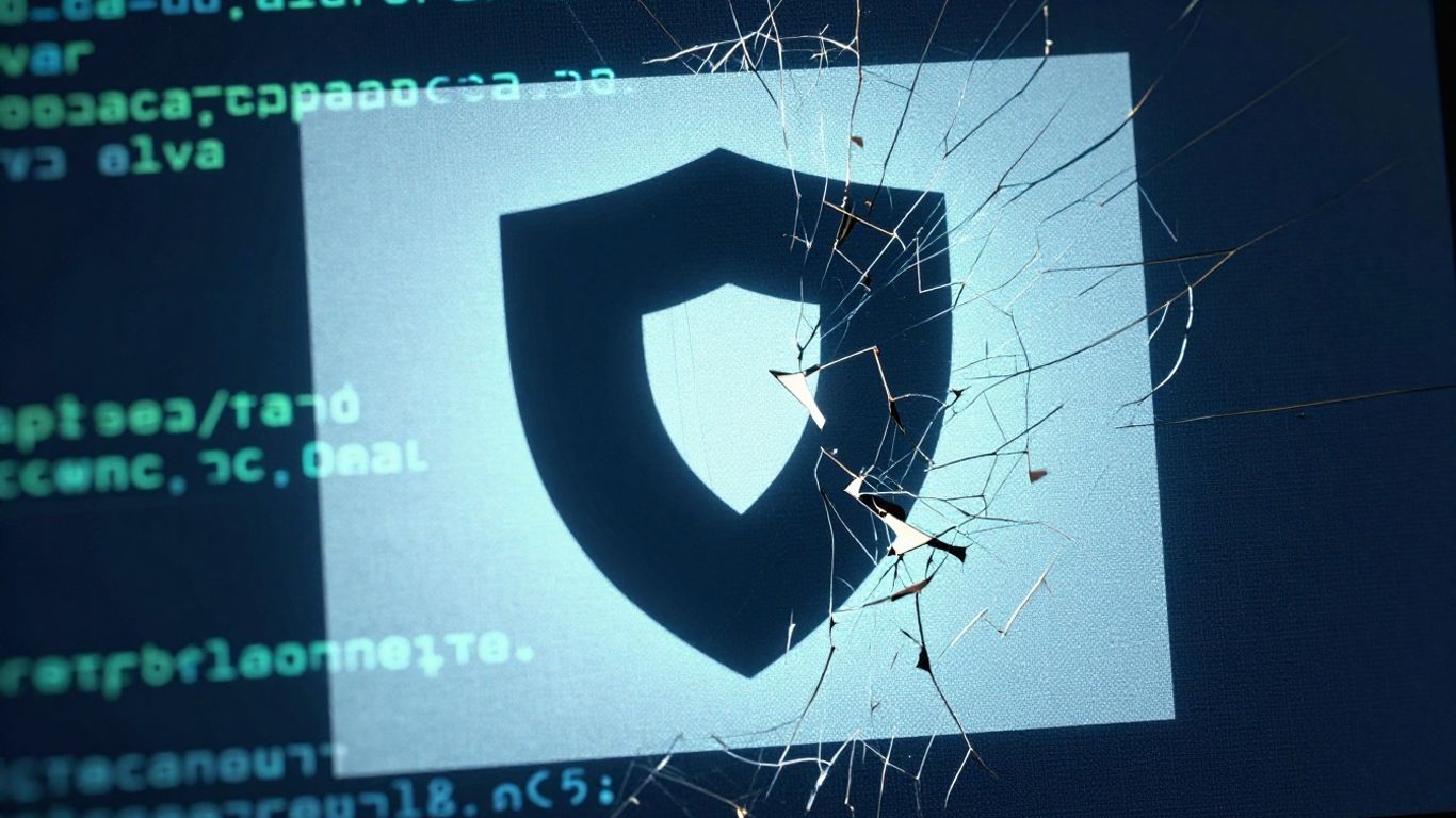 Cracked computer screen with malware and broken shield.