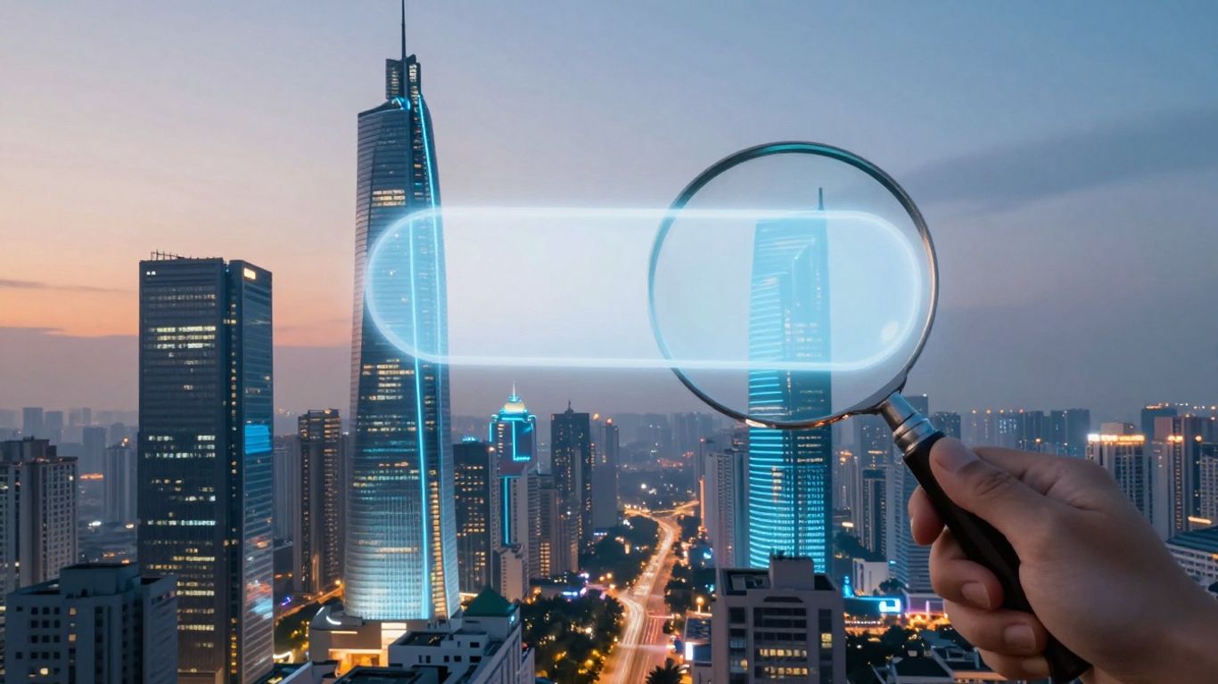 Futuristic cityscape with digital pathways and a glowing magnifying glass.